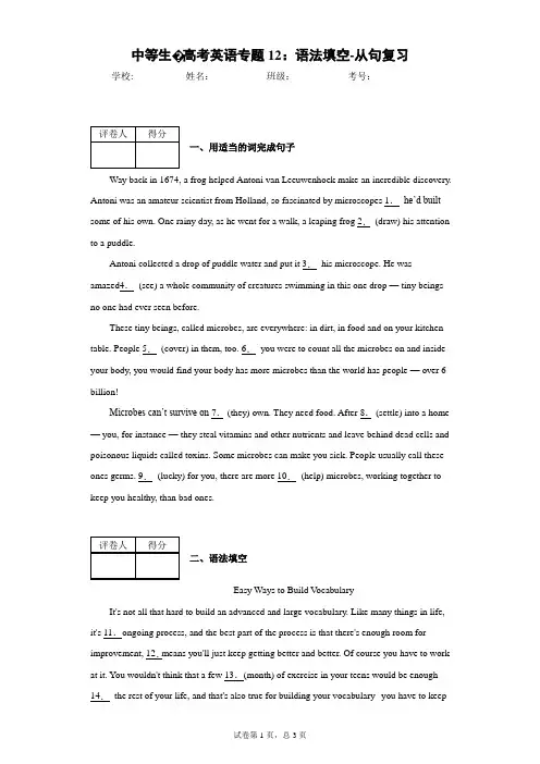 中等生·高考英语专题12：语法填空-从句复习