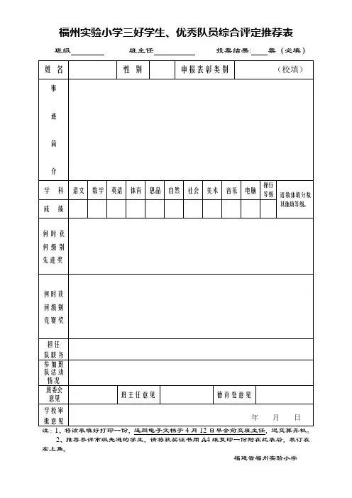 福州实验小学三好学生、优秀队员综合评定推荐表