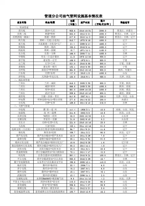 管道分公司油气管网设施基本情况表