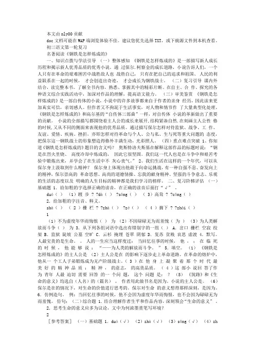 初三语文第一轮复习 名著阅读《钢铁是怎样炼成的》
