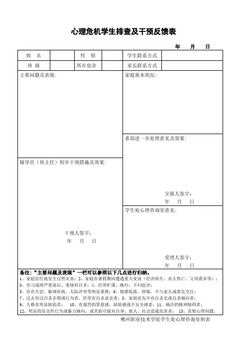 心理危机学生排查及干预反馈表