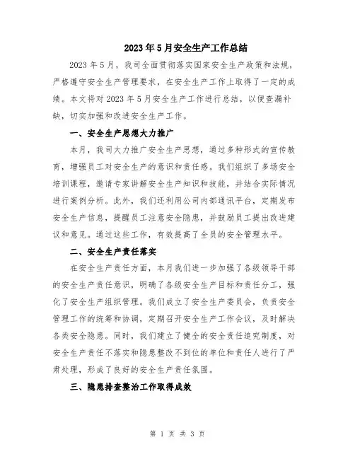 2023年5月安全生产工作总结