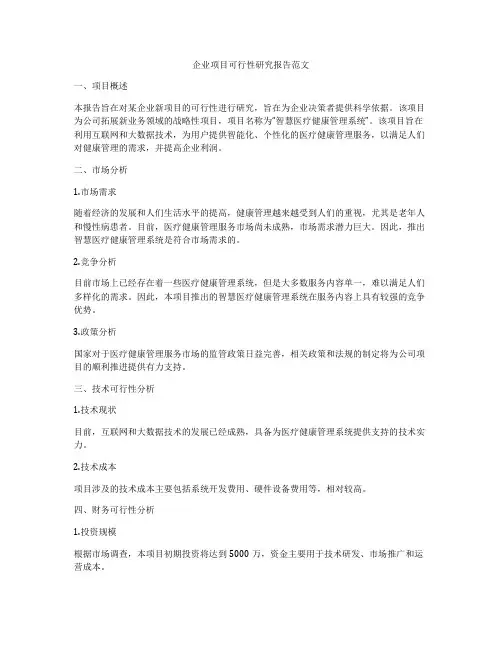 企业项目可行性研究报告范文