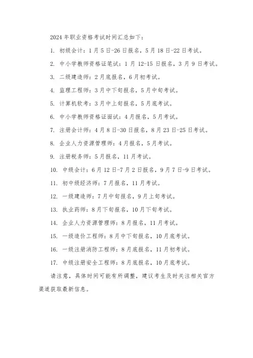 24职业资格考试时间汇总
