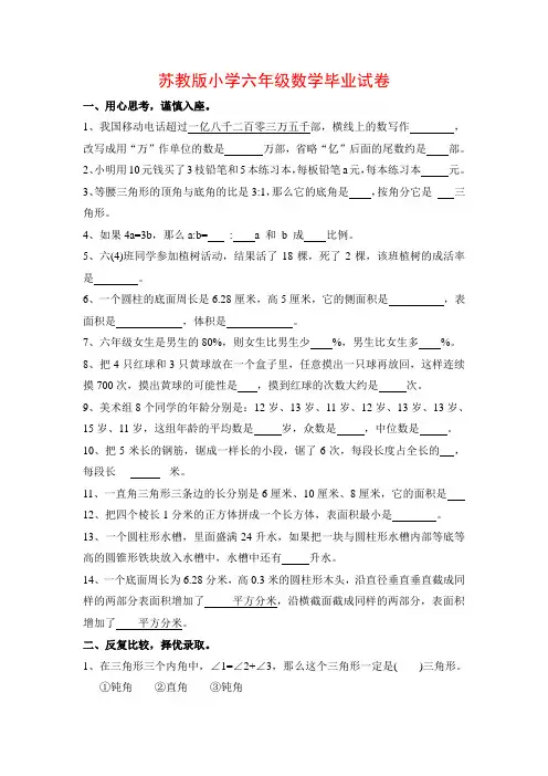 【小升初数学毕业考试】2019年苏教版小学数学毕业班模拟试卷及答案