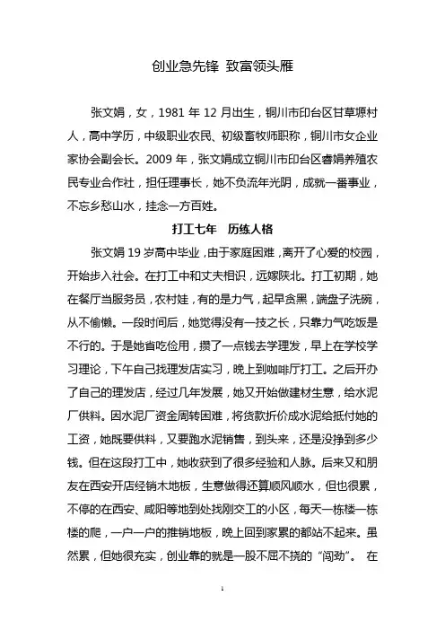 创业急先锋 致富领头雁——张文娟同志事迹材料