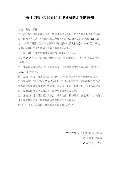 关于调整XX区社区工作者薪酬水平的通知【模板】
