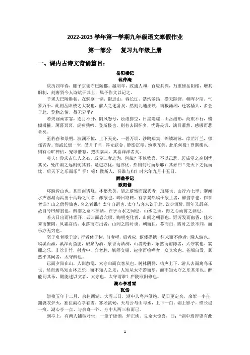 2022-2023学年第一学期九年级语文寒假作业