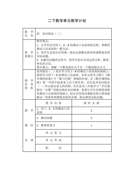 人教版小学二年级数学下册教案(第四单元表内除法(二))