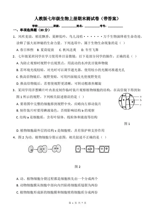 人教版七年级生物上册期末测试卷(带答案)