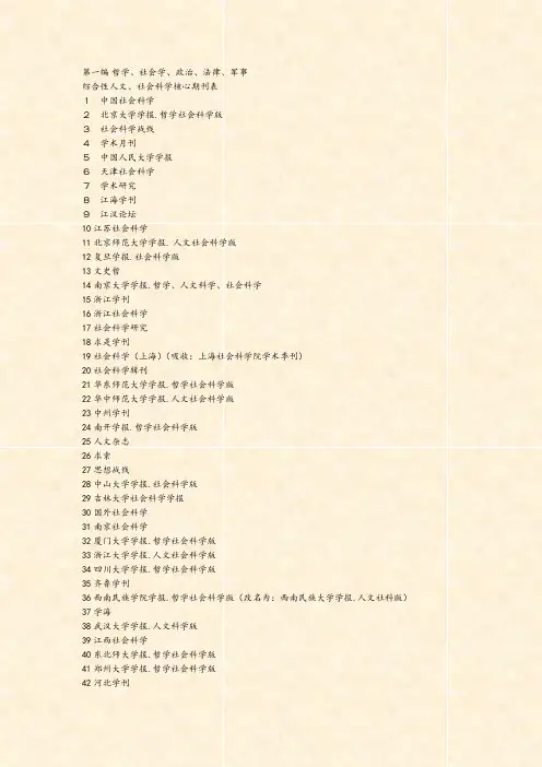 第一编哲学、社会学、政治、法律、军事综合性人文、社会科学核心期刊表1 中国社会科学2 北京大学学报