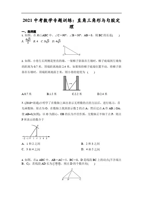 2021年中考数学专题训练：直角三角形与勾股定理 (含答案)