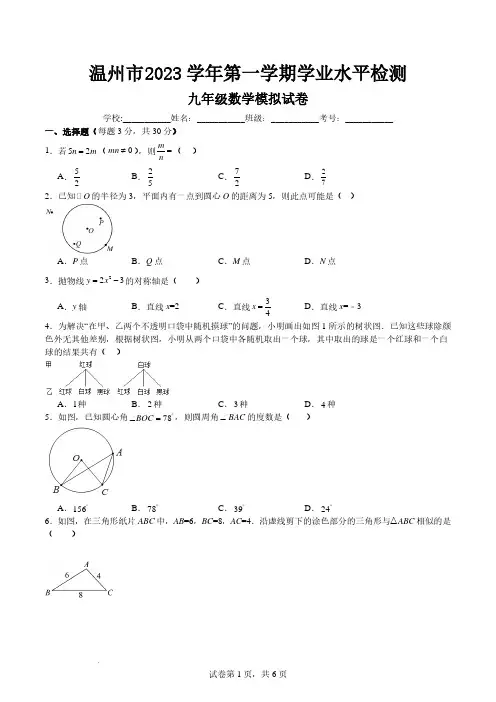 浙江温州2023-2024学年上学期学业水平检测九年级数学模拟试卷+答案