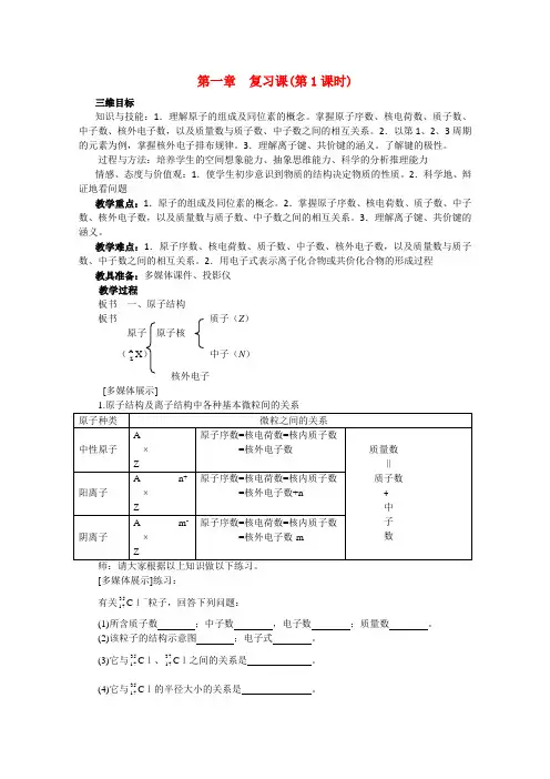 高一化学：精品教案 第一章《物质结构 元素周期律复习课》第1课时(新人教版必修2)
