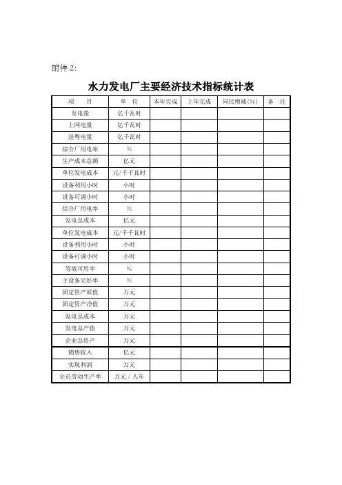 水力发电厂主要经济技术指标统计表