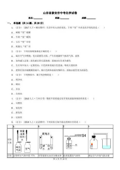 山东省泰安市中考化学试卷