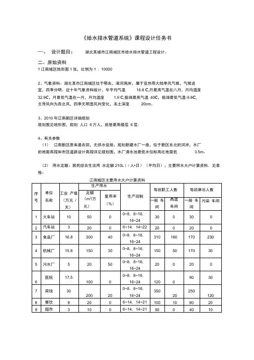 课程设计任务书_给水排水管道系统