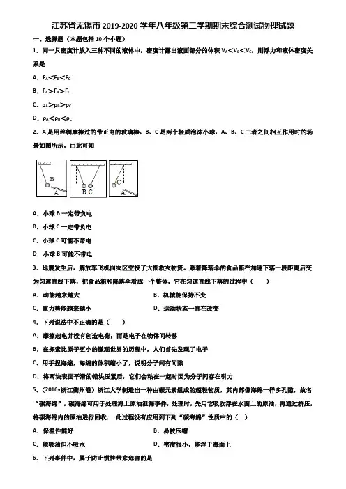 江苏省无锡市2019-2020学年八年级第二学期期末综合测试物理试题含解析