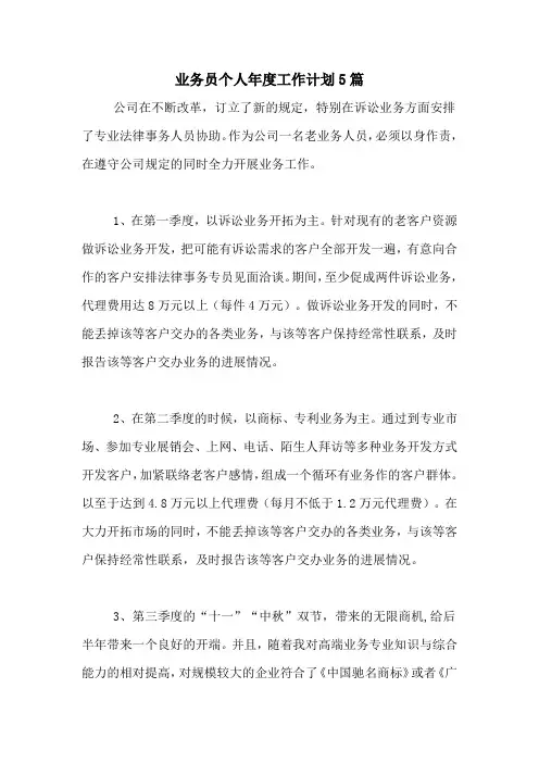 2020年业务员个人年度工作计划5篇