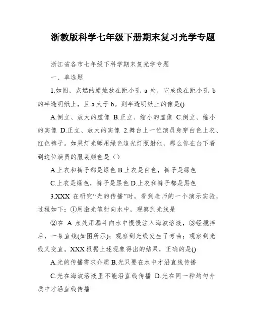 浙教版科学七年级下册期末复习光学专题