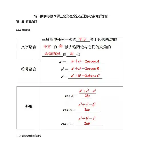 [全]高二数学必修5解三角形之余弦定理必考点详解总结