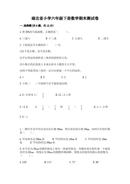 湖北省小学六年级下册数学期末测试卷及参考答案ab卷