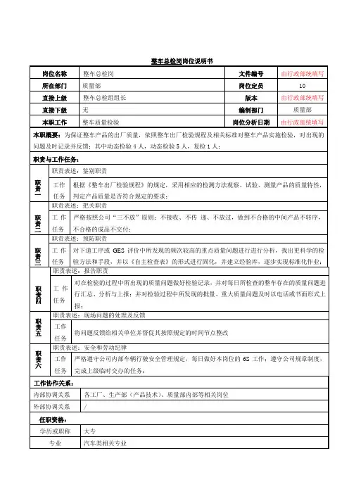 整车总检岗岗位说明书