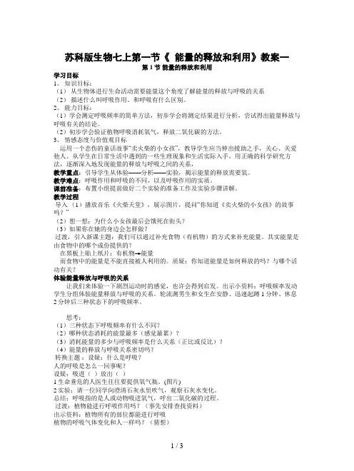 苏科版生物七上第一节《 能量的释放和利用》教案一