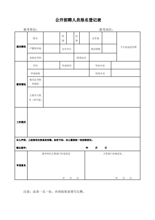 公开招聘人员报名登记表