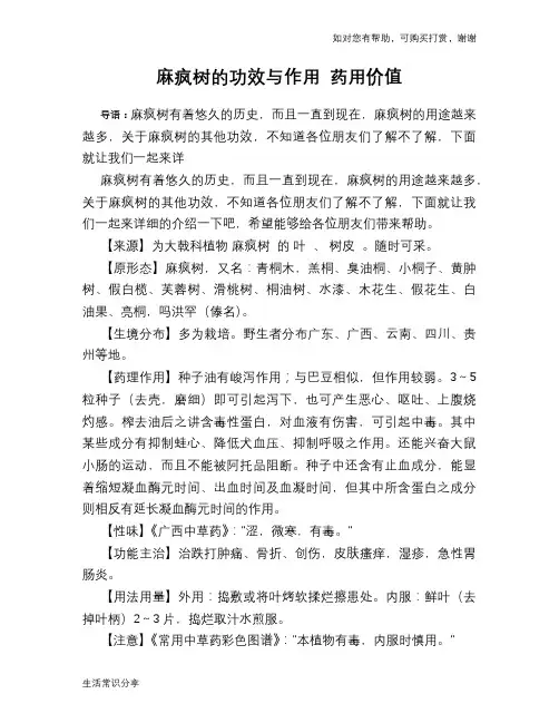 麻疯树的功效与作用 药用价值