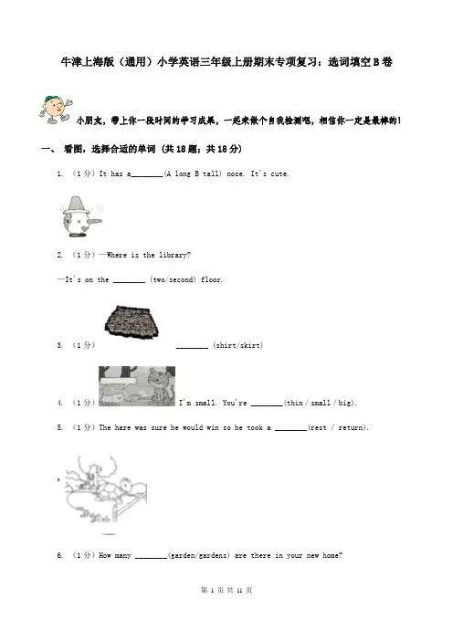 牛津上海版(通用)小学英语三年级上册期末专项复习：选词填空B卷