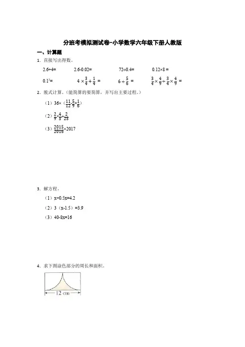 分班考模拟测试卷(试题)小学数学六年级下册人教版