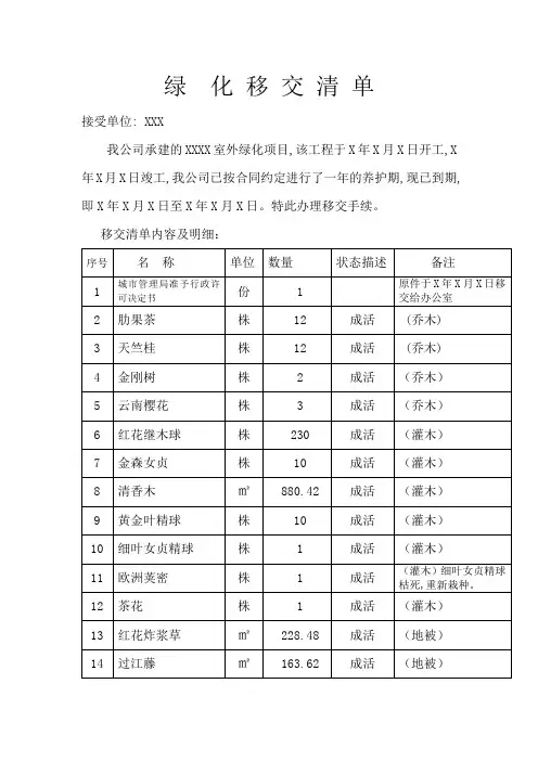 绿化移交清单