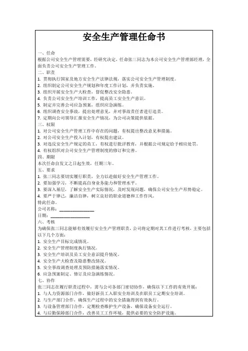 安全生产管理任命书