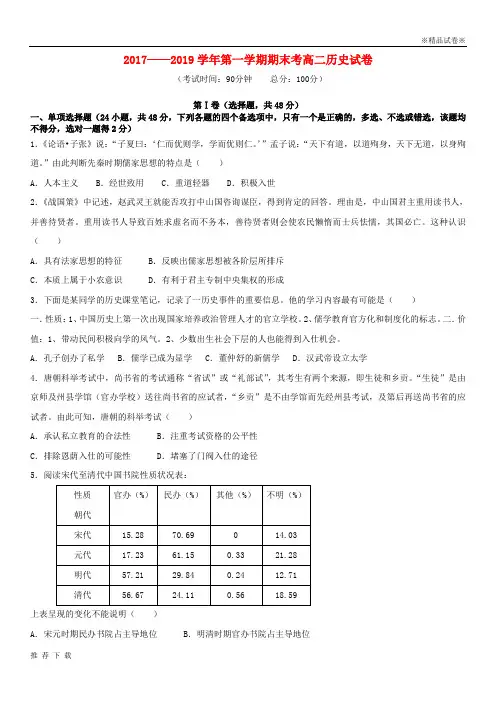 精品2019学年高二历史上学期期末考试试题