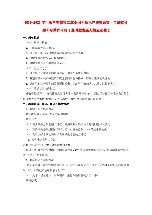 2019-2020学年高中生物第二章基因和染色体的关系第一节减数分裂和受精作用第1课时教案新人教版必修2.doc