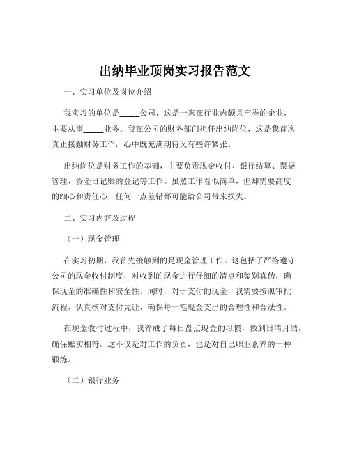 出纳毕业顶岗实习报告范文