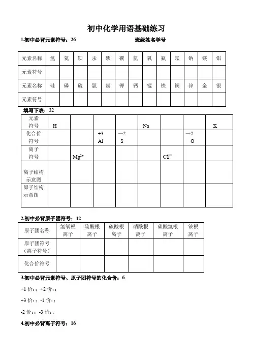初中化学用语基础练习