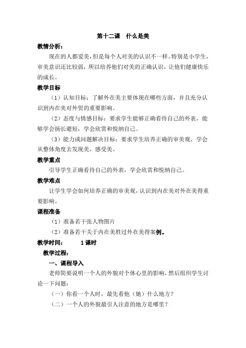心理健康教案第十二课  什么是美