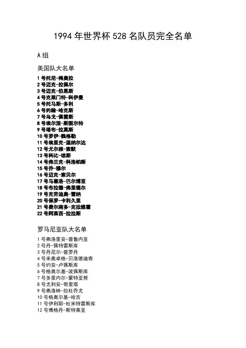 1994年世界杯528名队员完全名单