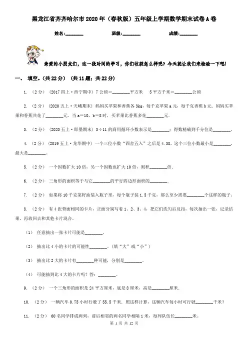 黑龙江省齐齐哈尔市2020年(春秋版)五年级上学期数学期末试卷A卷