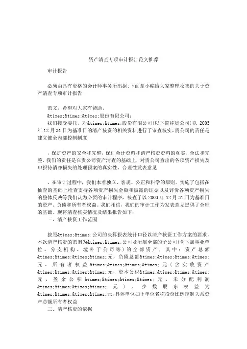资产清查专项审计报告范文推荐