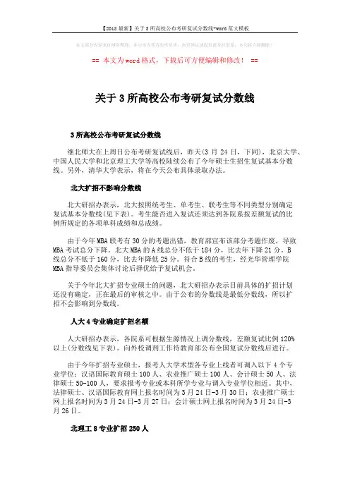 【2018最新】关于3所高校公布考研复试分数线-word范文模板 (2页)