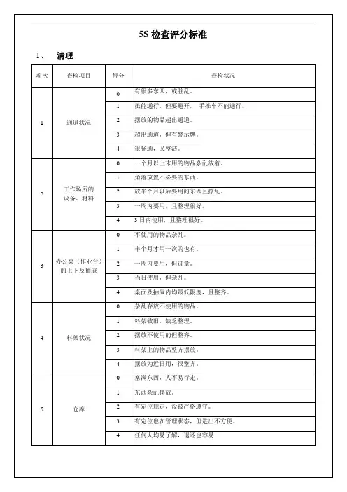 5S检查评分标准表