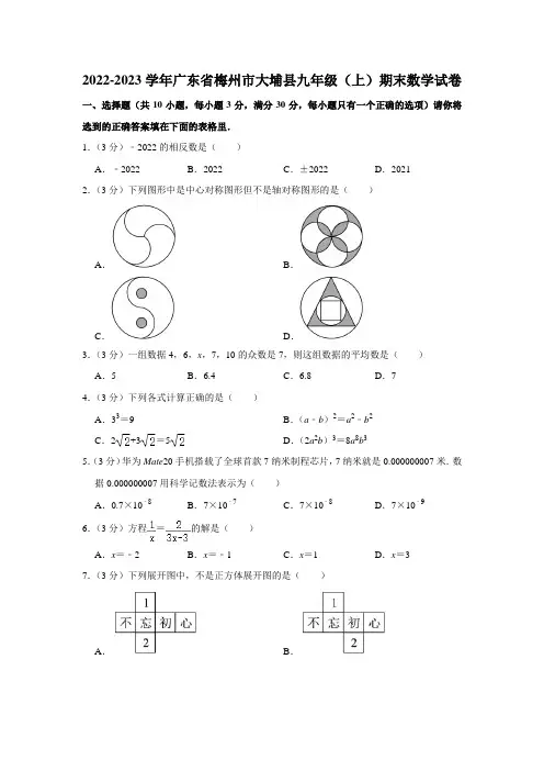 2022-2023学年广东省梅州市大埔县九年级(上)期末数学试卷  (word,解析版)