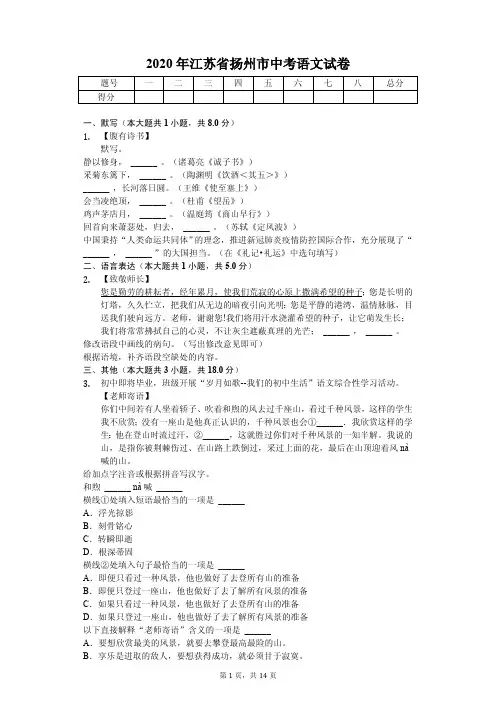 2020年江苏省扬州市中考语文试卷解析版