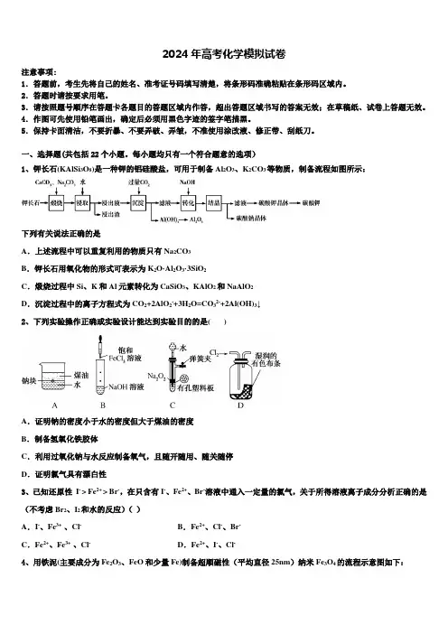 2024届上海市长宁、嘉定区高三第一次模拟考试化学试卷含解析