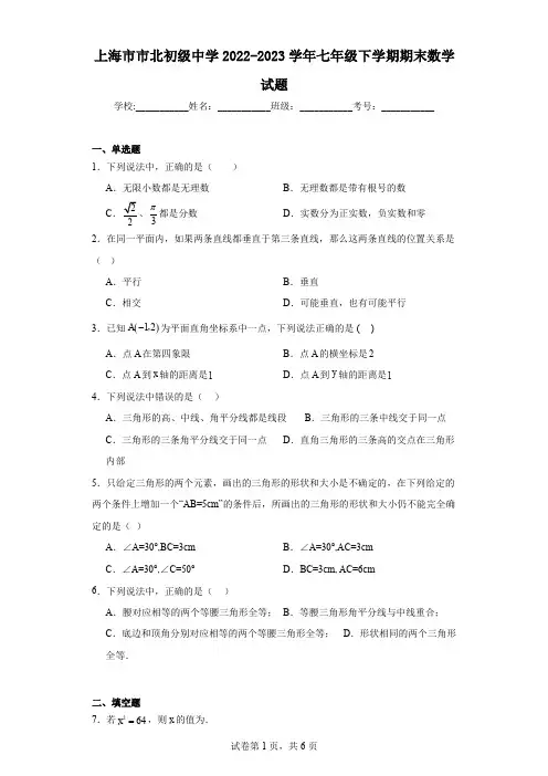 上海市市北初级中学2022-2023学年七年级下学期期末数学试题