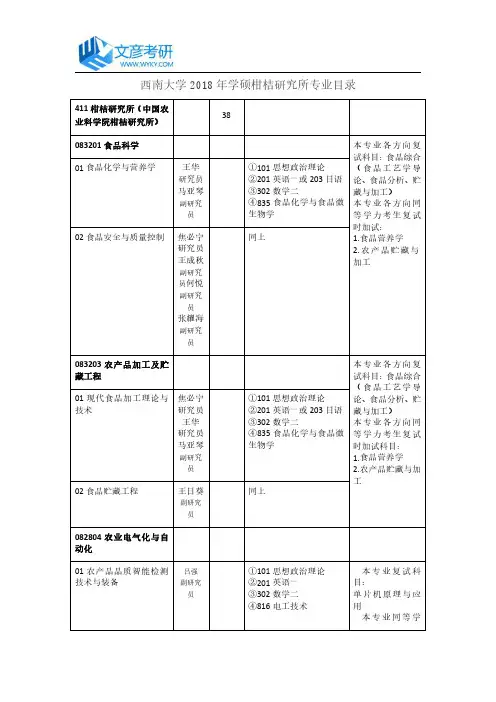 西南大学2018年学硕柑桔研究所专业目录