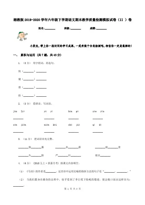湘教版2019-2020学年六年级下学期语文期末教学质量检测模拟试卷(II )卷